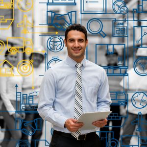 Man holds piece of paper. In background are graphics including trucks, planes, Earth, etc.