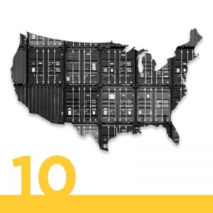 Map of the United States with crates interposed onto it. "10" in the lefthand corner in yellow.