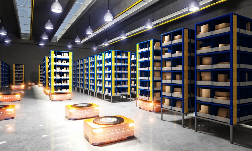 Robots move around an autonomous warehouse space with racks