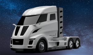 A Tesla semi truck sits against a background of stars.