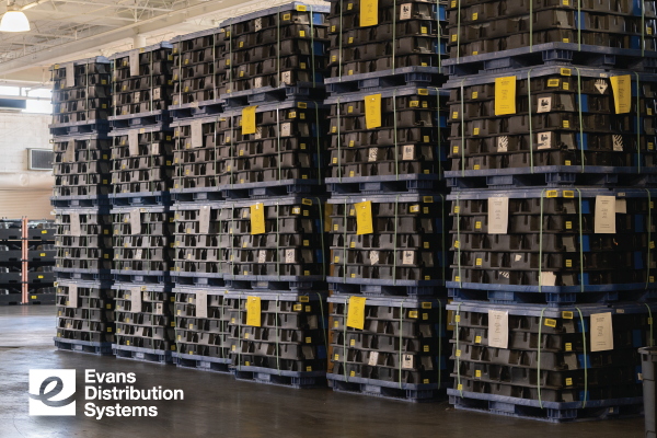 Automotive batteries stored in a warehouse