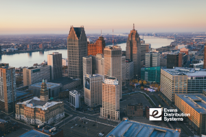 Overhead photo of downtown Detroit