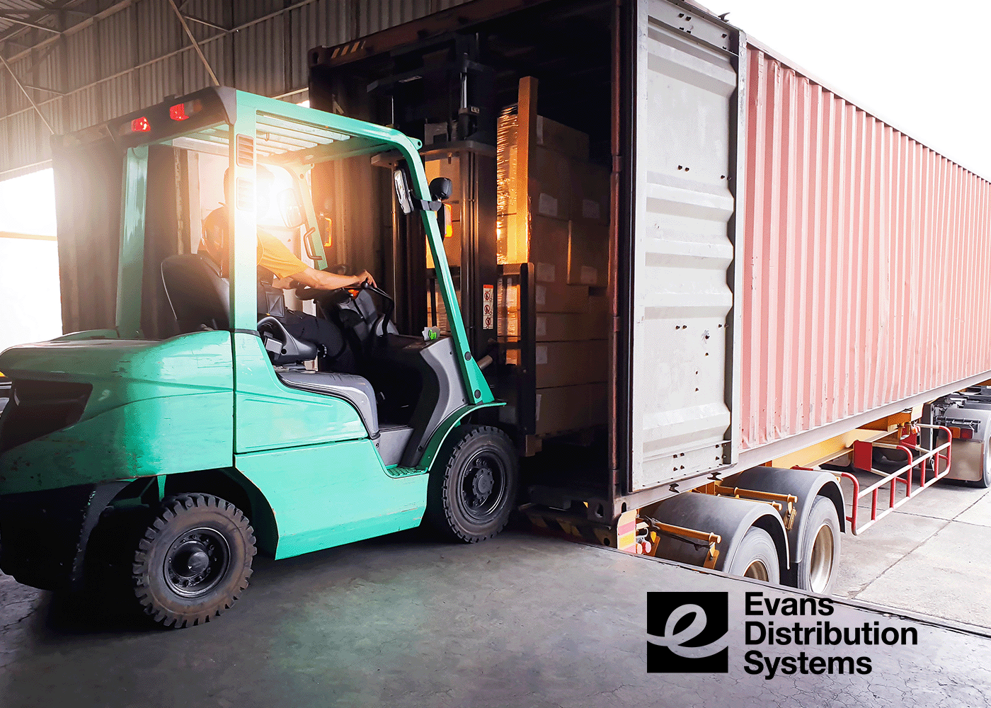 Freight Forwarder Graphic. A forklift unloading a container.