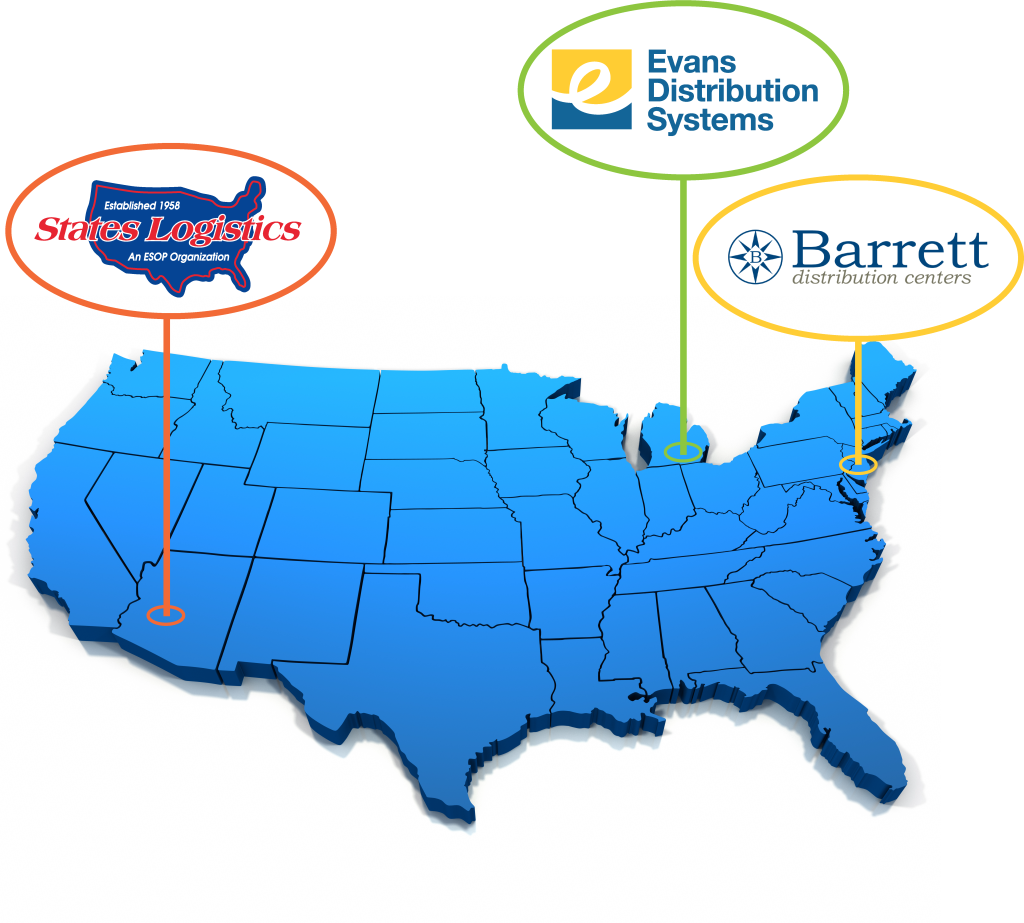 A map of the US with Evans, Barrett, and States Logistics marked for their locations.