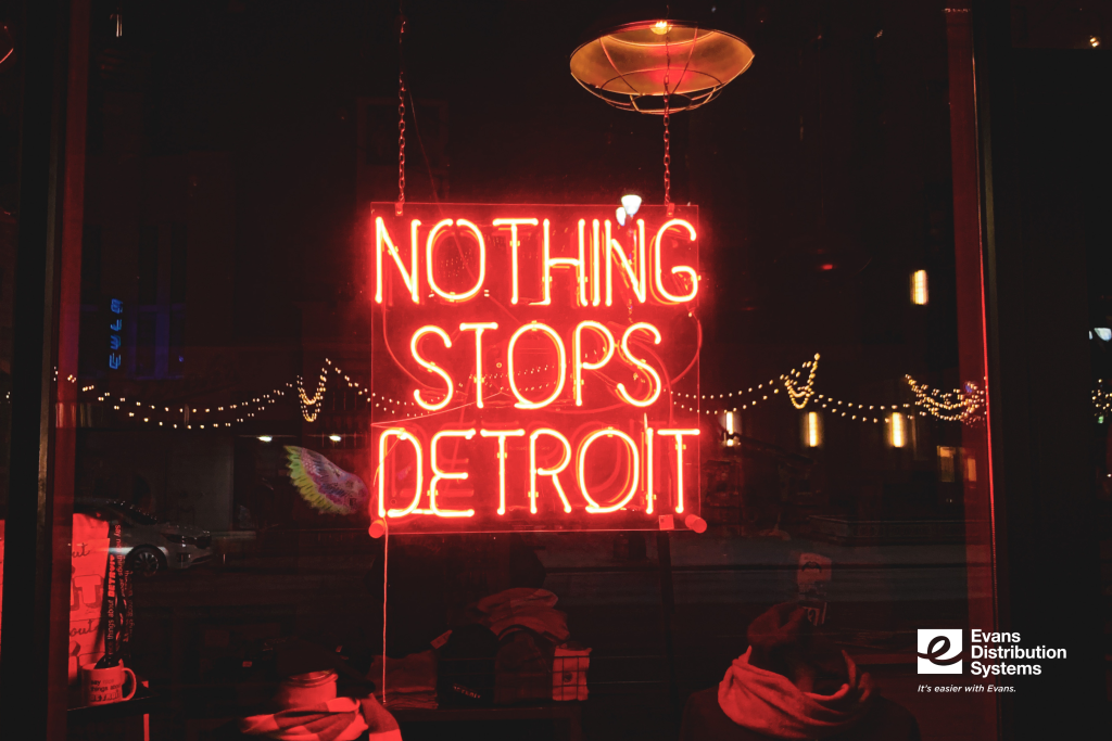 Detroit neon sign that reads "Nothing Stops Detroit."